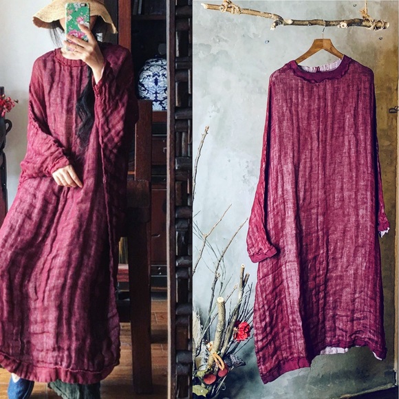 Matana Dresses & Skirts - Oversized linen earthy midi dress in red magenta
